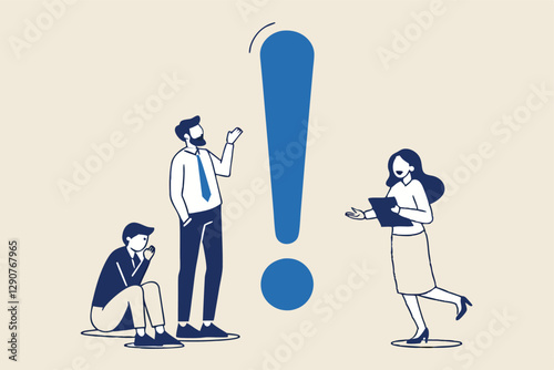 Big exclamation mark for important information, answer or resolve problem, solution or risk warning, attention or punctuation concept, business people thinking on big problem exclamation point.