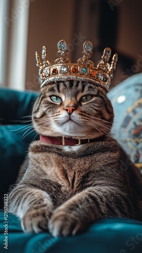 Cat Wearing a Crown Relaxing on a Cozy Blanket in a Sunlit Room