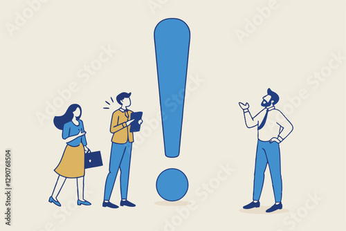 Big exclamation mark for important information, answer or resolve problem, solution or risk warning, attention or punctuation concept, business people thinking on big problem exclamation point.