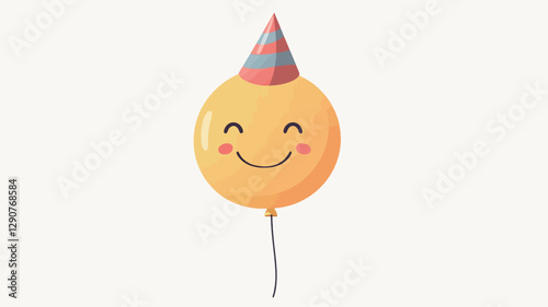 A digital illustration of a yellow circle-shaped balloon with a simple smiling face.  The balloon has rosy cheeks and a small, upward-curving mouth. A small, conical party hat in red and blue sits