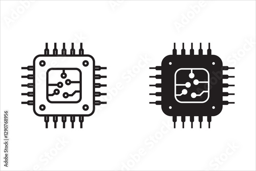 Microchip line icon. CPU, Central processing unit, computer processor, chip symbol in circle. Abstract technology logo. Simple round icon isolated on black background. Creative modern vector logo
