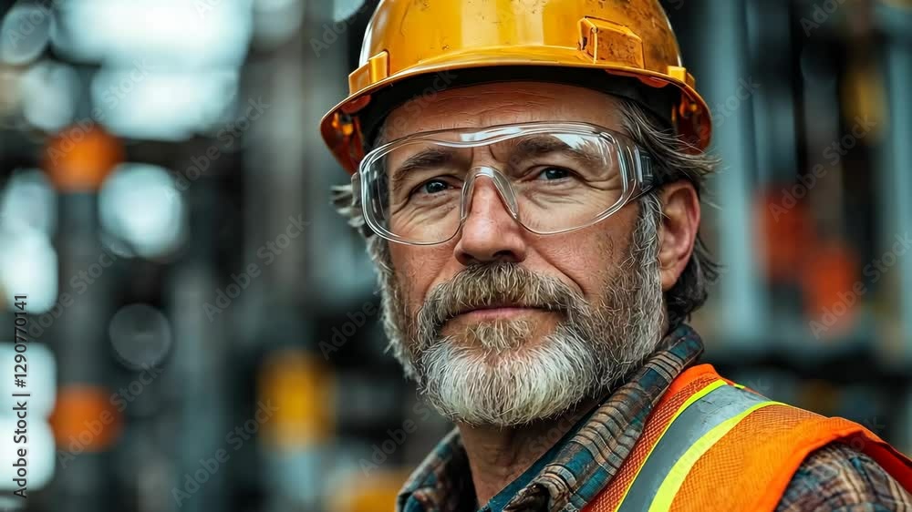 Man wearing a yellow hard hat and safety glasses. He is wearing a safety vest and is standing in front of a building Man wearing a yellow hard hat and safety glasses. He is wearing a safety vest and is standing in front of a building