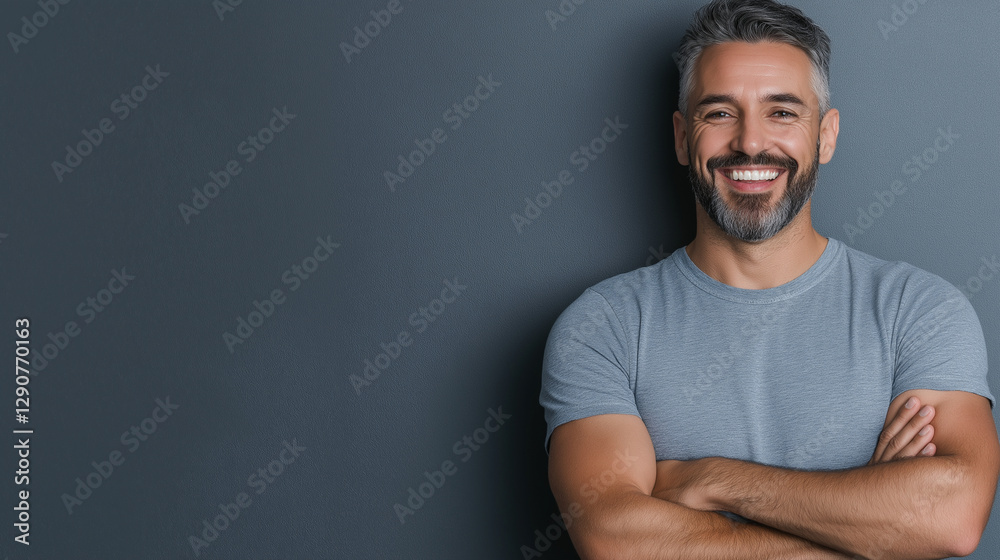 A bearded man with a fit physique and a joyful smile stands proudly against a neutral-toned background. His casual t-shirt and confident pose reflect happiness and self-love. A bearded man with a fit physique and a joyful smile stands proudly against a neutral-toned background. His casual t-shirt and confident pose reflect happiness and self-love.