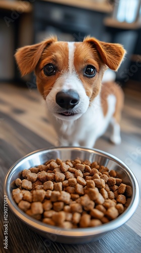 Happy Dog Eagerly Looking at Bowl of Dry Food Indoors During Daylight Hours