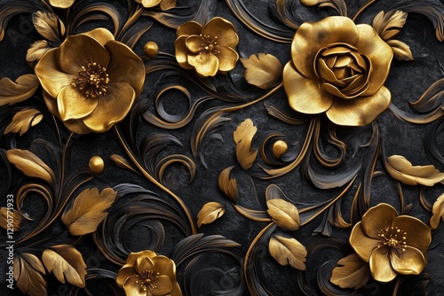 Golden Floral Patterns on Dark Background Create Elegant and Intricate Decora...