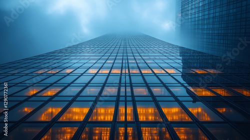 Wallpaper Mural A skyscraper with glowing windows fading into the foggy sky, Generative AI Torontodigital.ca