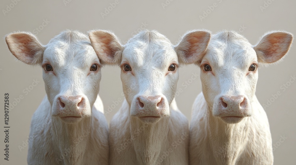 Three white cows are standing in a row, looking at the camera Three white cows are standing in a row, looking at the camera