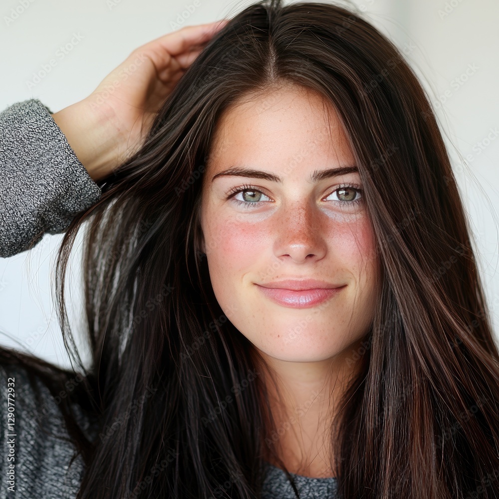 Beautiful woman with long brown hair radiating elegance and confidence in a natural setting Beautiful woman with long brown hair radiating elegance and confidence in a natural setting