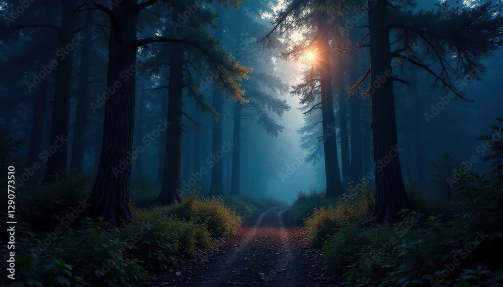 Fototapeta premium Dark forest trail, lightning illuminates trees, magical, horror