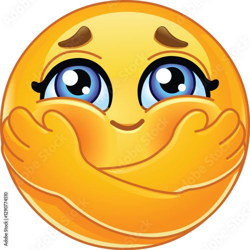 Adorable Emoji Emoticon Hugging Herself with a Warm, Shy Smile and Blushing Cheeks