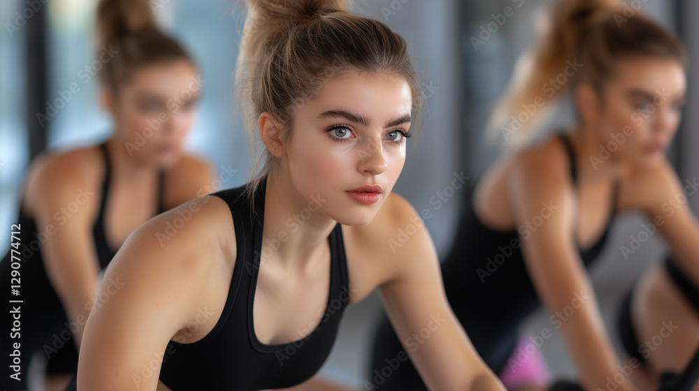 Side view of a group of athletic women cycling with determination, sweat on their brows as they push themselves to the limit in a high-energy fitness class. Side view of a group of athletic women cycling with determination, sweat on their brows as they push themselves to the limit in a high-energy fitness class.
