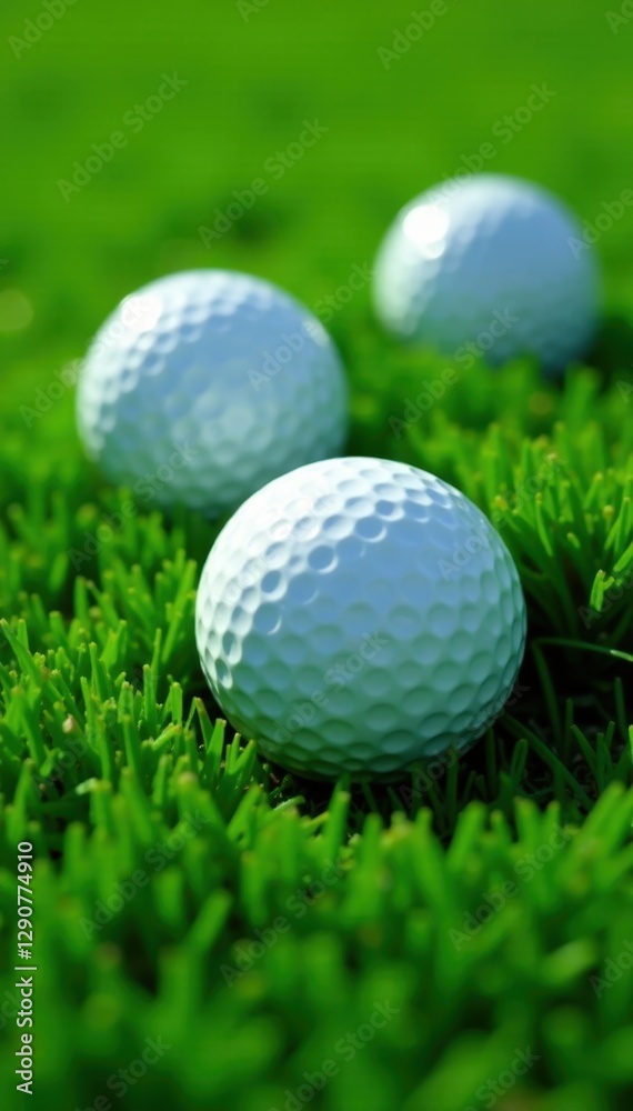 Several golf balls nestled in short green artificial grass , golf, overhead, detail Several golf balls nestled in short green artificial grass , golf, overhead, detail