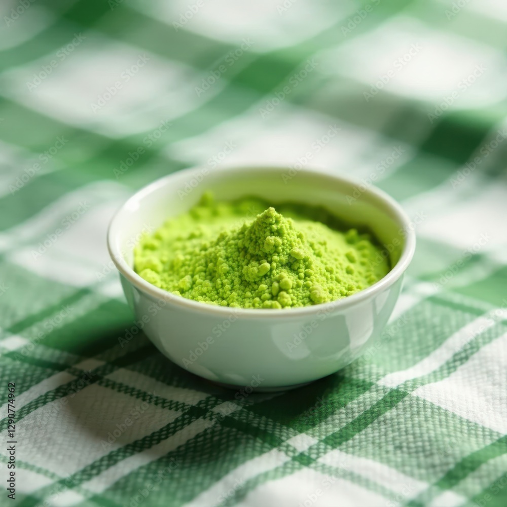 Soft green matcha dusted on crisp white plaid cloth, stylish, background image Soft green matcha dusted on crisp white plaid cloth, stylish, background image