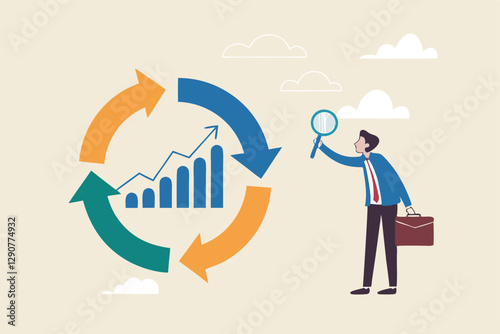 Economic cycle to study up and down on stock market, booming or recession, business cycle for marketing, statistic or data analysis concept, businessman with magnifier on economic cycle diagram.