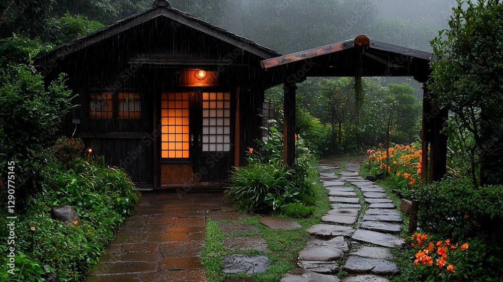 Rainy day at a traditional Japanese house with garden. Rainy day at a traditional Japanese house with garden.