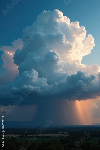 Towering cumulus clouds unleash torrential rain, creating a dramatic scene , dramatic, sky