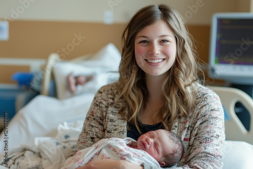 New Mother Smiles Proudly While Holding Her Newborn Baby in a Hospital Room