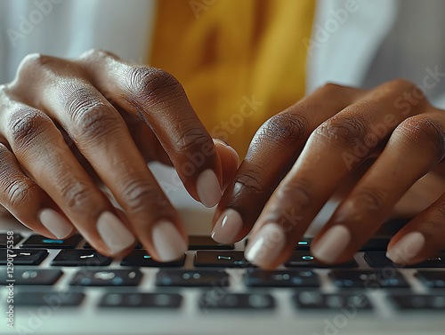 Closeup of darkskinned hands typing on a laptop keyboard.  A powerful image representing productivity, technology, communication, and digital connection.