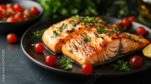 A pair of perfectly grilled salmon fillets, artfully garnished with fresh herbs and accompanied by juicy cherry tomatoes, creating a mouthwatering presentation on a stylish plate. photo