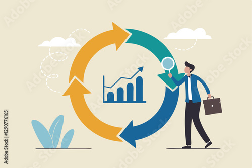 Economic cycle to study up and down on stock market, booming or recession, business cycle for marketing, statistic or data analysis concept, businessman with magnifier on economic cycle diagram.