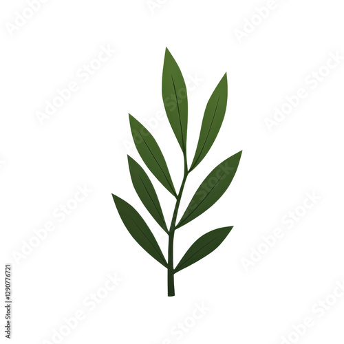 A simple illustration of a green leaf branch with five leaves. The leaves are dark green and have a smooth texture. The branch is thin and slightly curved. The background is white. photo