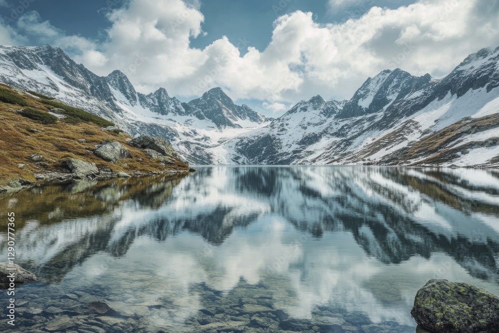 Fototapeta premium Majestic mountain lake reflection with snowy peaks and clouds in scenic alpine landscape