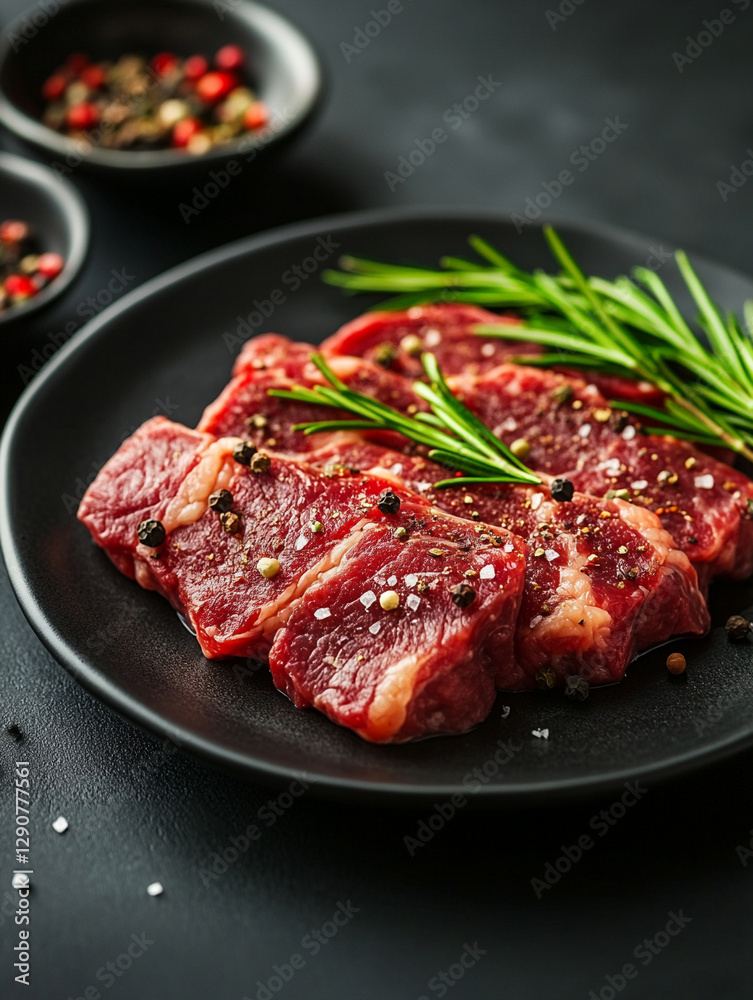 Freshly cut beef steak with herbs and spices on black plate Freshly cut beef steak with herbs and spices on black plate