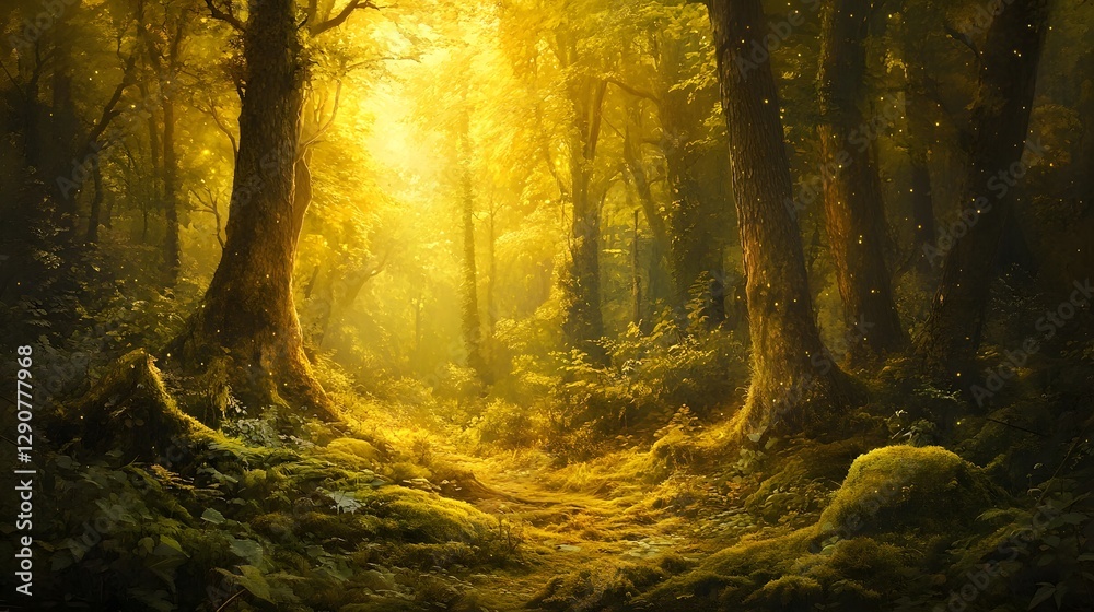 Fototapeta premium Enchanting Golden Glow in a Mystical Forest Landscape with Vibrant Moss and Lush Foliage