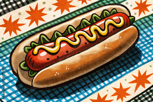 hot dog with mustard on funny background cartoon illustration fast food