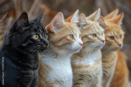 Four Cats of Different Colors Gazing Intently at a Distant Point in an Outdoo...