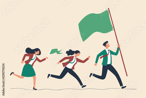 Leader determination to lead team to success, motivation to win together, direction forward for future success, victory or triumph concept, businessman leader holding winner flag leading to success.