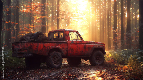 Rustic red pickup truck, laden with tires, bathed in golden forest sunlight. Evokes adventure, nostalgia, and the rugged beauty of nature. Perfect for themes of exploration, freedom, and the outdoors.