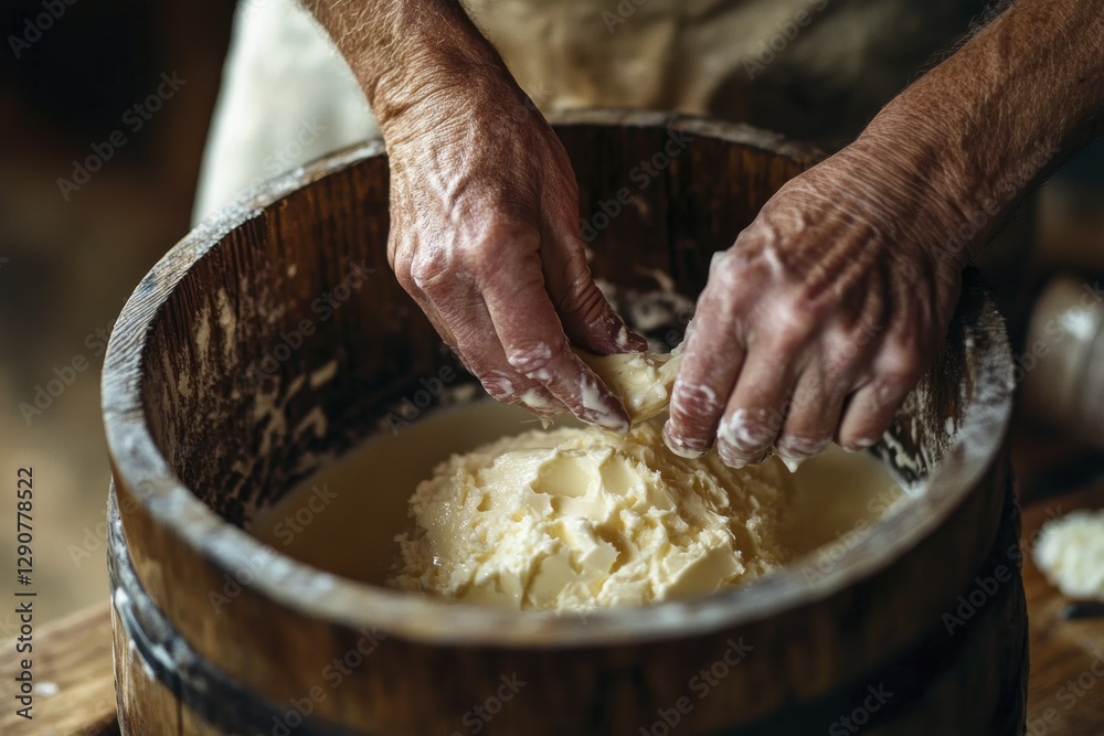 Fototapeta premium Artisanal cheese making: handcrafting authentic dairy in traditional wooden barrel