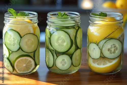 Cucumber and Lemon Pickle Jars Filled With Fresh Ingredients on a Kitchen Cou...