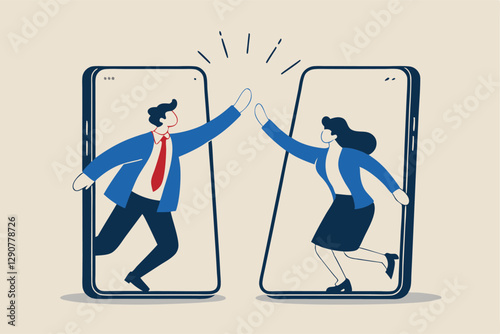 online video conference concept, remote working or online greeting for business achievement, Virtual hi five for success collaboration, happy businessman and businesswoman hi five from mobile phone.