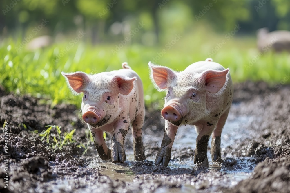 Adorable piglets playing in muddy field on a sunny farm day Adorable piglets playing in muddy field on a sunny farm day