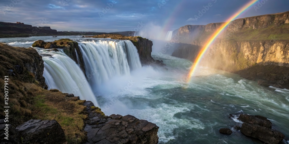 Fototapeta premium Majestic Waterfall Rainbow Long Exposure Photography - Cascading Water Mist Arc