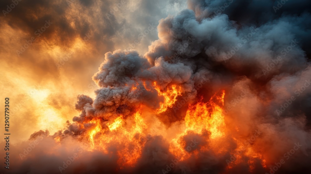 A mesmerizing display of fire and dark smoke intertwines in an explosive scene, capturing the chaotic beauty of nature's powerful elements at play in the sky. A mesmerizing display of fire and dark smoke intertwines in an explosive scene, capturing the chaotic beauty of nature's powerful elements at play in the sky.