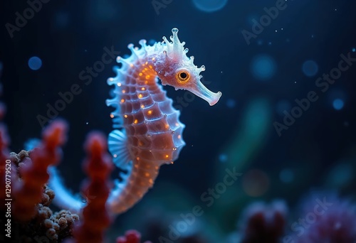 Close-up of a luminous seahorse in a coral reef environment.