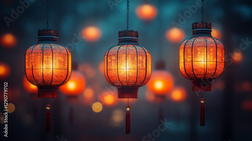 Three hanging lanterns glowing warmly at night in an artistic setting, Generative AI