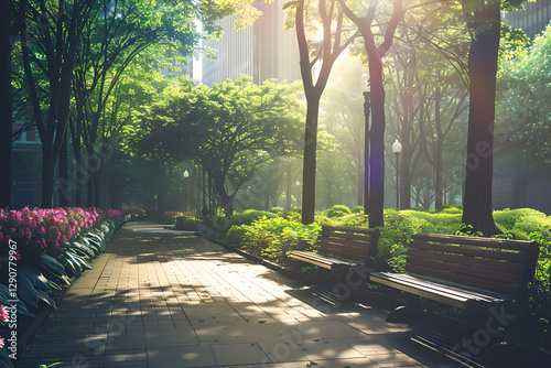 Park in city in sun day. Garden and greenery with bench. Urban nature, green, health environment for walking, resting and relaxing