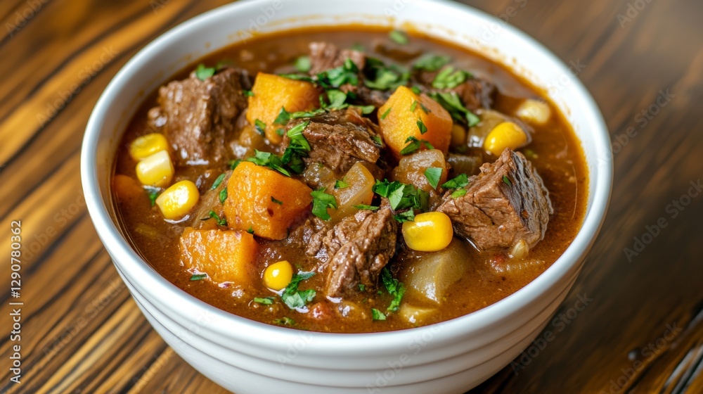Enjoying a warm bowl of Chilean cazuela featuring beef, pumpkin, corn, and potatoes at home with traditional utensils Enjoying a warm bowl of Chilean cazuela featuring beef, pumpkin, corn, and potatoes at home with traditional utensils