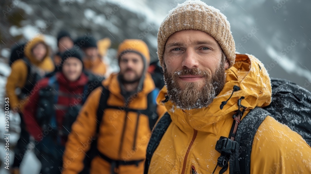 A mountain hiker in an orange jacket stands confidently against a backdrop of snow-covered peaks, illustrating the thrill and beauty of winter adventures with friends.