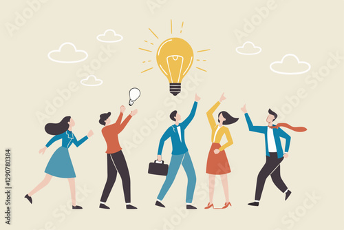 Solution expert solving problem or leader giving advise in meeting discussion, thinking for solution, creativity or professional to help, eureka moment concept, businessman with bright lightbulb.