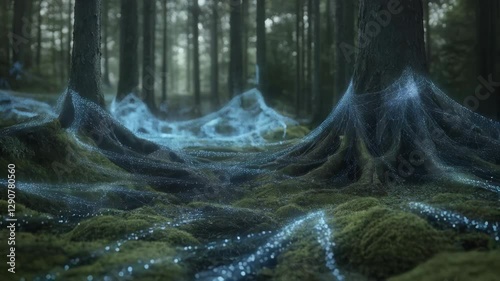 Mystical forest illuminated by glowing blue mycelium networks beneath ancient trees. Concept nature’s connectivity, hidden intelligence, biodiversity, harmony, mystery, and organic communication.