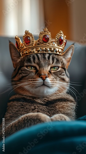 Cat Wearing a Crown Relaxing on a Cozy Blanket in a Sunlit Room