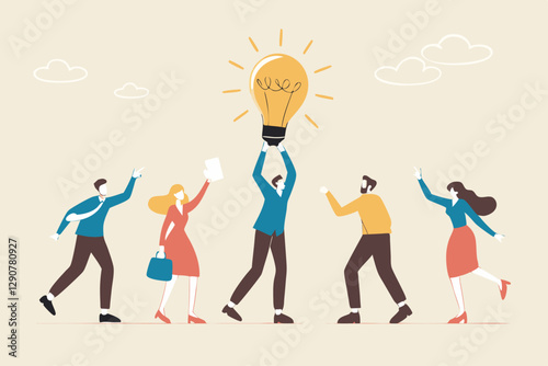 Solution expert solving problem or leader giving advise in meeting discussion, thinking for solution, creativity or professional to help, eureka moment concept, businessman with bright lightbulb.