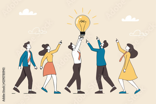 Solution expert solving problem or leader giving advise in meeting discussion, thinking for solution, creativity or professional to help, eureka moment concept, businessman with bright lightbulb.