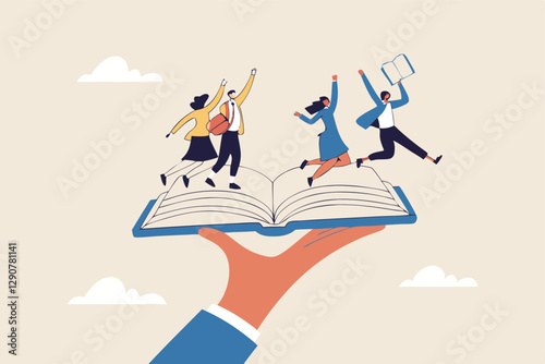Employee handbook, manual for onboarding new staff, procedure or rule for welcome new hire to know company, business manual for success concept, businessman hand holding handbook with new employees.