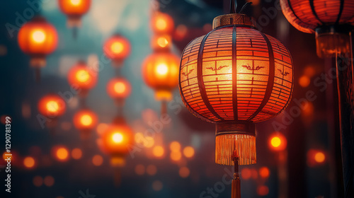 Red Chinese lanterns with a warm glow hang during a nighttime festival, Generative AI